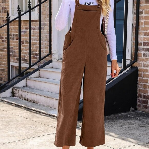 Women Corduroy Overalls Winter Fall Casual Loose Sleeveless Adjustable Strap Wid - Picture 3 of 9